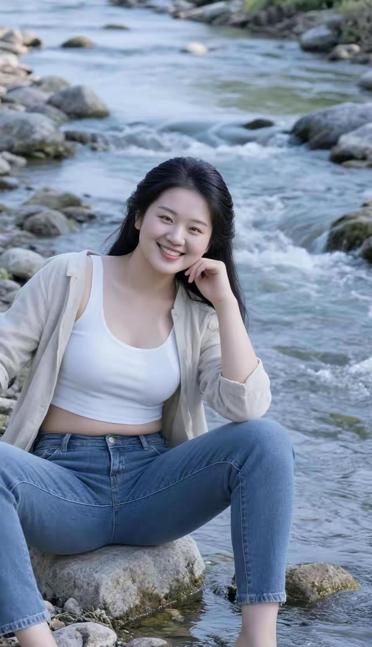 赴一场山野与溪流的约会🍃以溪水为邻，以山石为座，在自然里与自己对话。白衫