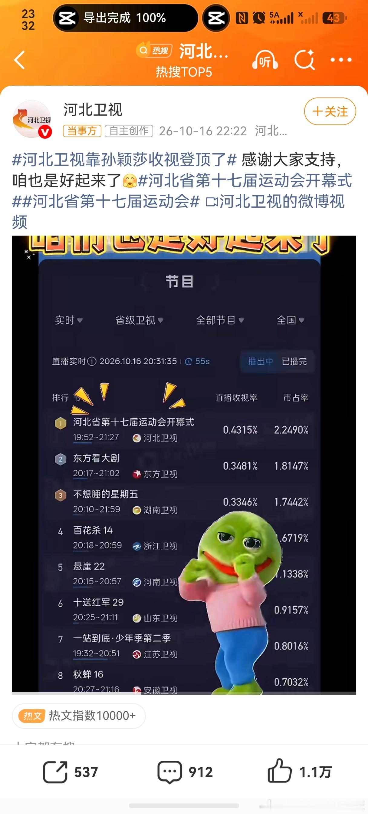 河北卫视回应靠孙颖莎收视登顶真的太有意思了！省运会开幕式播出之后，全网都在刷“河