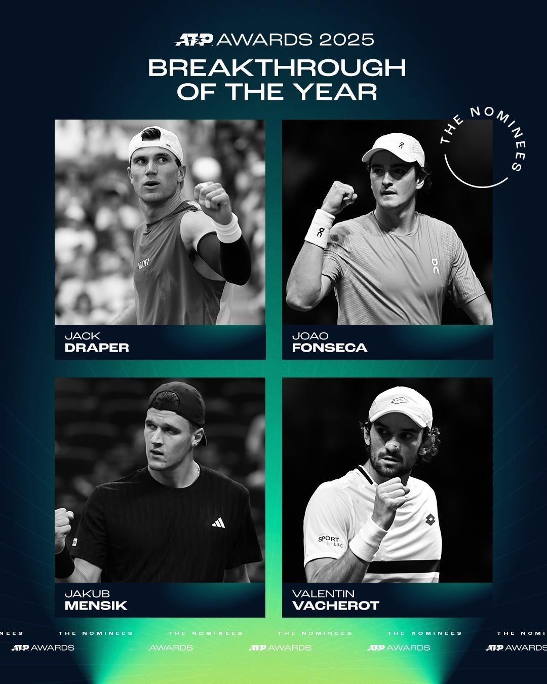 ATP今年的最佳突破奖很有悬念，大家会选择谁？🇬🇧德雷珀：首进前5，首夺大师