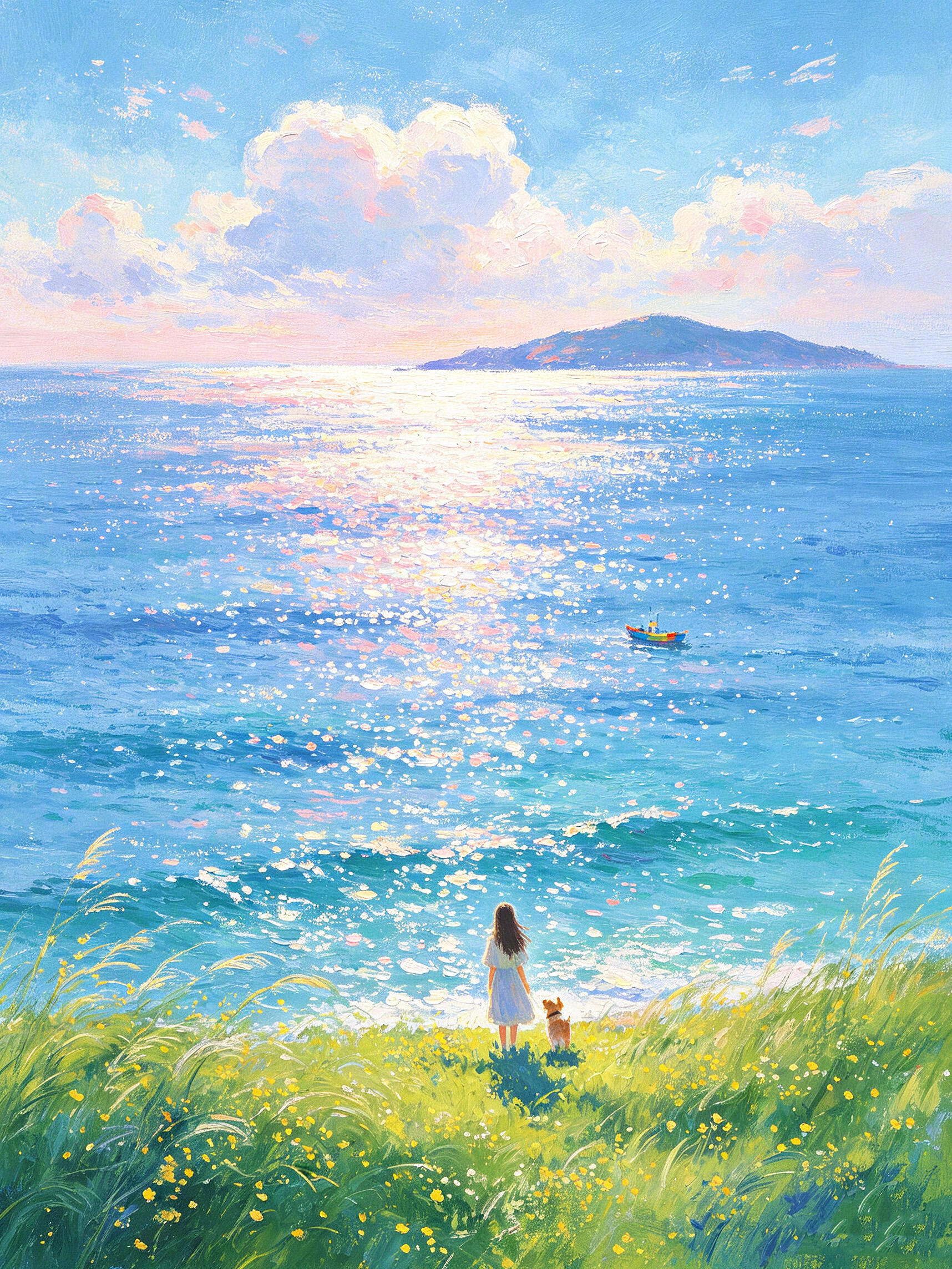 波光粼粼的海面泛着碎光✨海风漫过青草地