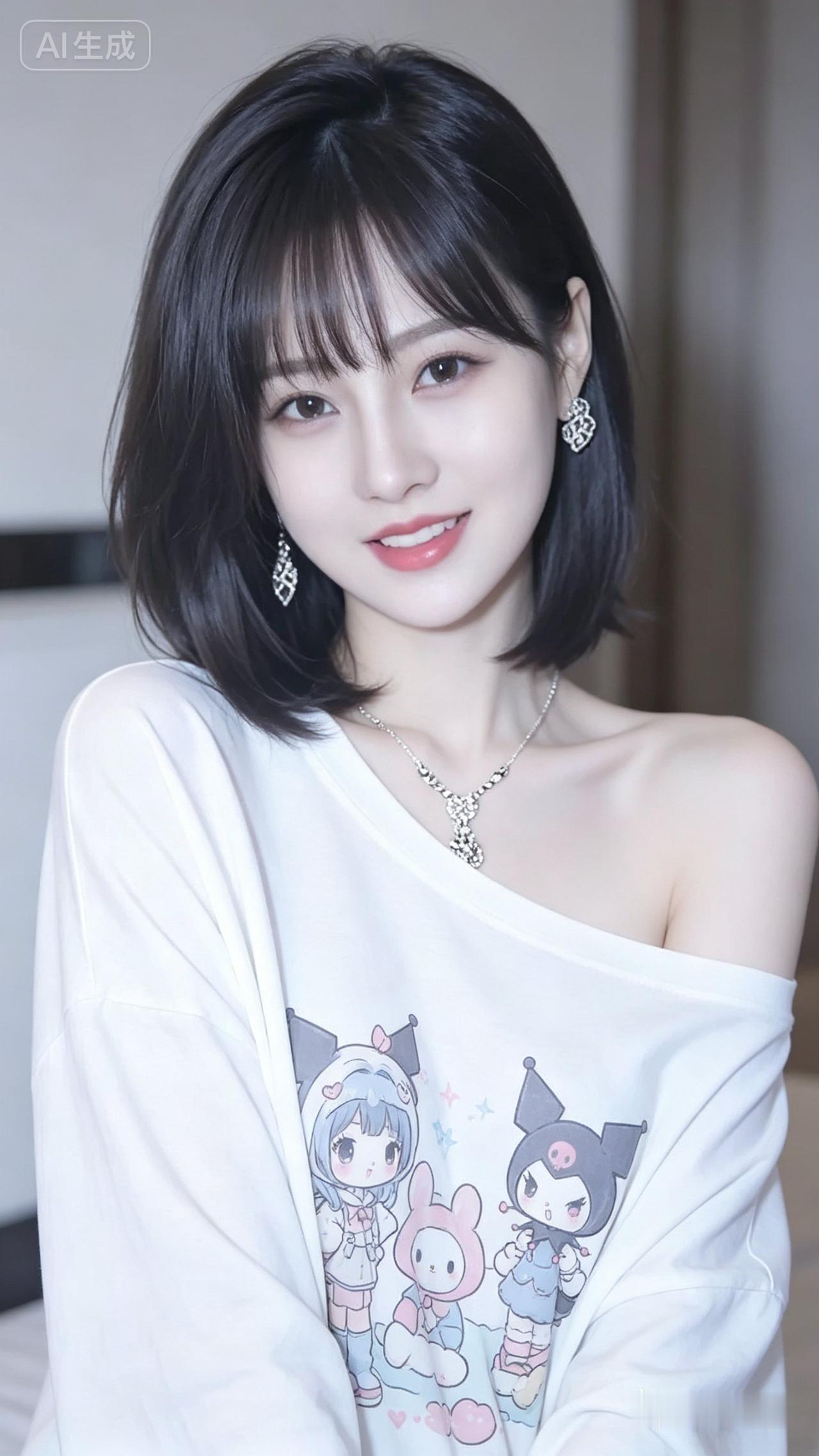 元气少女风，可爱动漫印花T恤，甜美笑容，时尚耳环，清新自然。