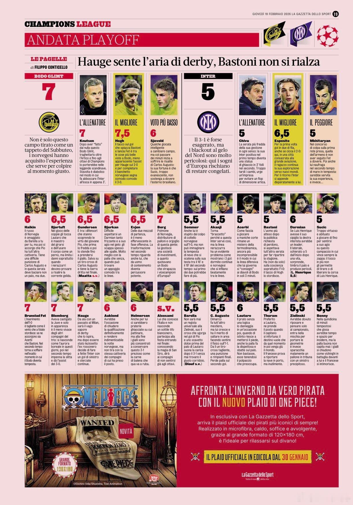 米兰体育报赛后评分如下博德闪耀3比1国际米兰冬奥会热点现场最佳皮奥最差姆希塔