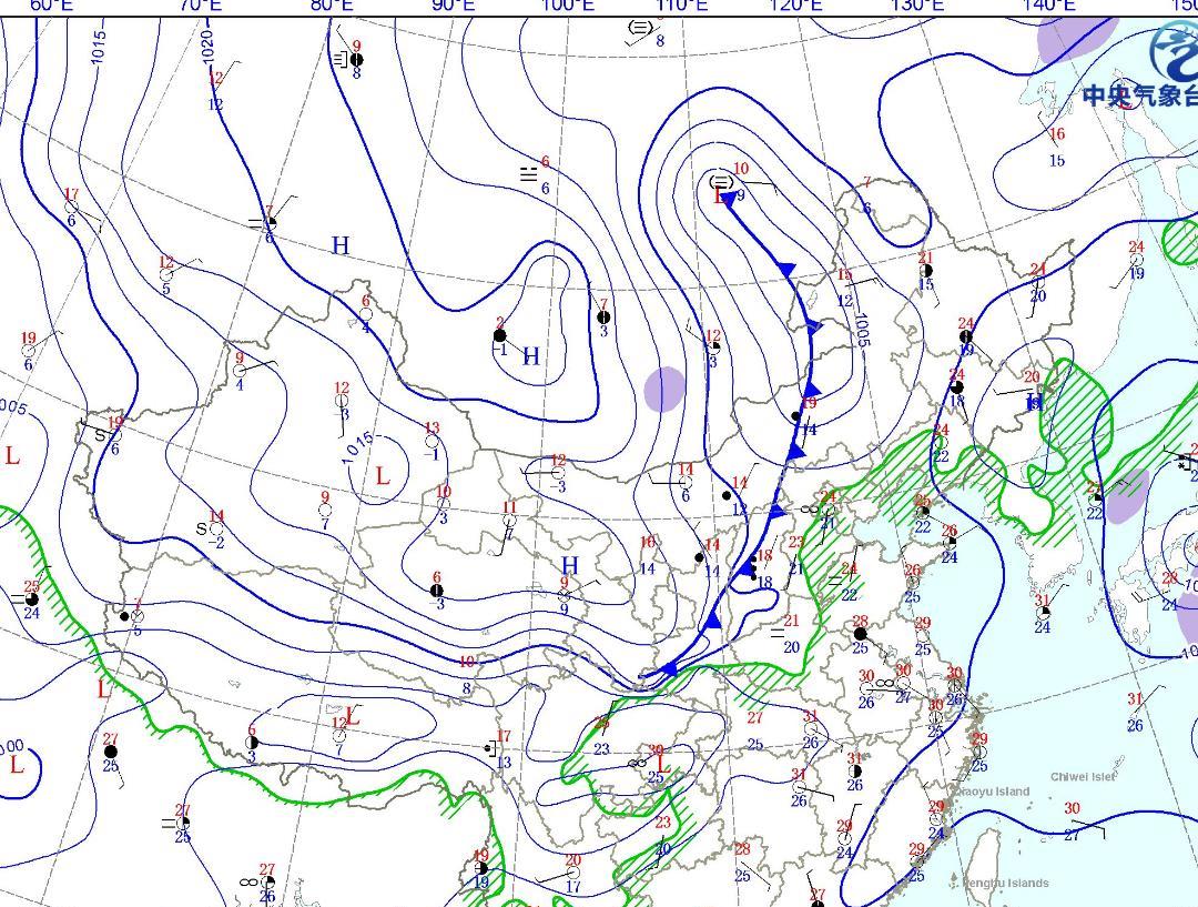 从今天的天气图实况来看，今天我国南方大部都受到了副热带高压的影响，其中西边还有陆