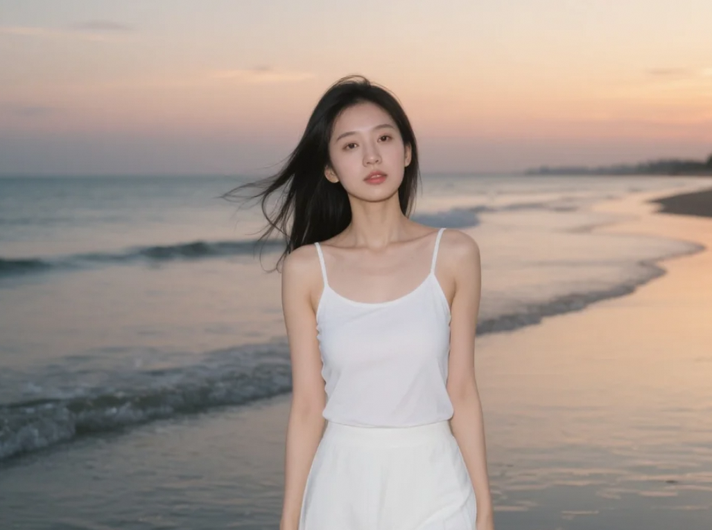 沙滩上的温柔力量，落日见证她的夏日魅力