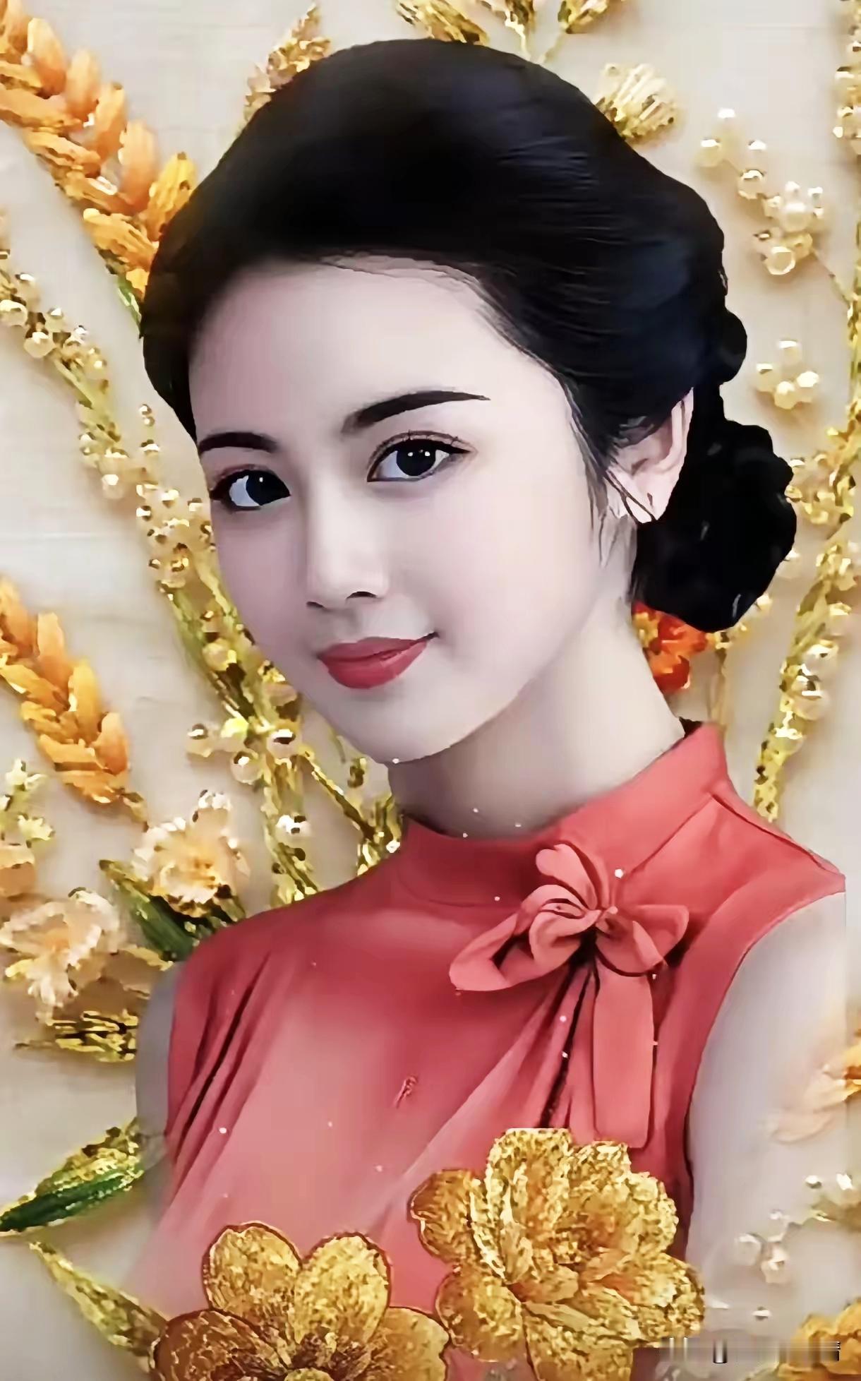 优雅红衣少女，金花点缀，温婉动人。