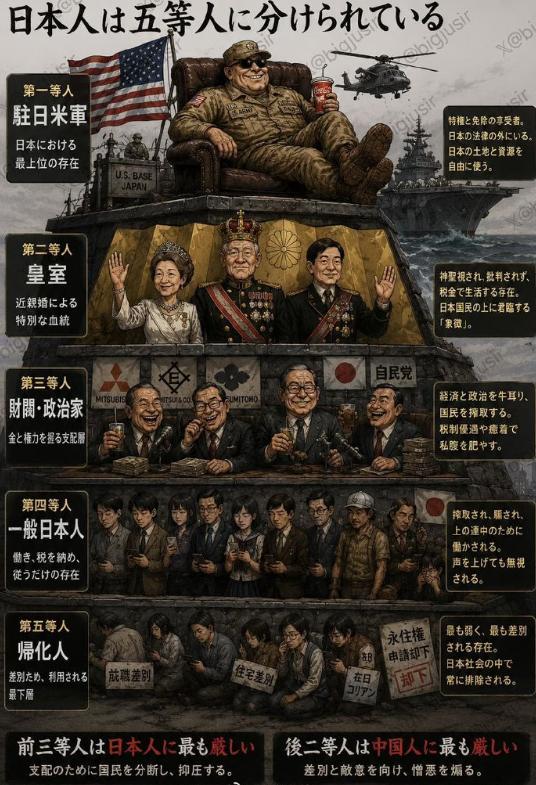 这是日本人自己发的一张图，我什么也不说，大家自己看吧。驻日米军在最高层我不奇怪