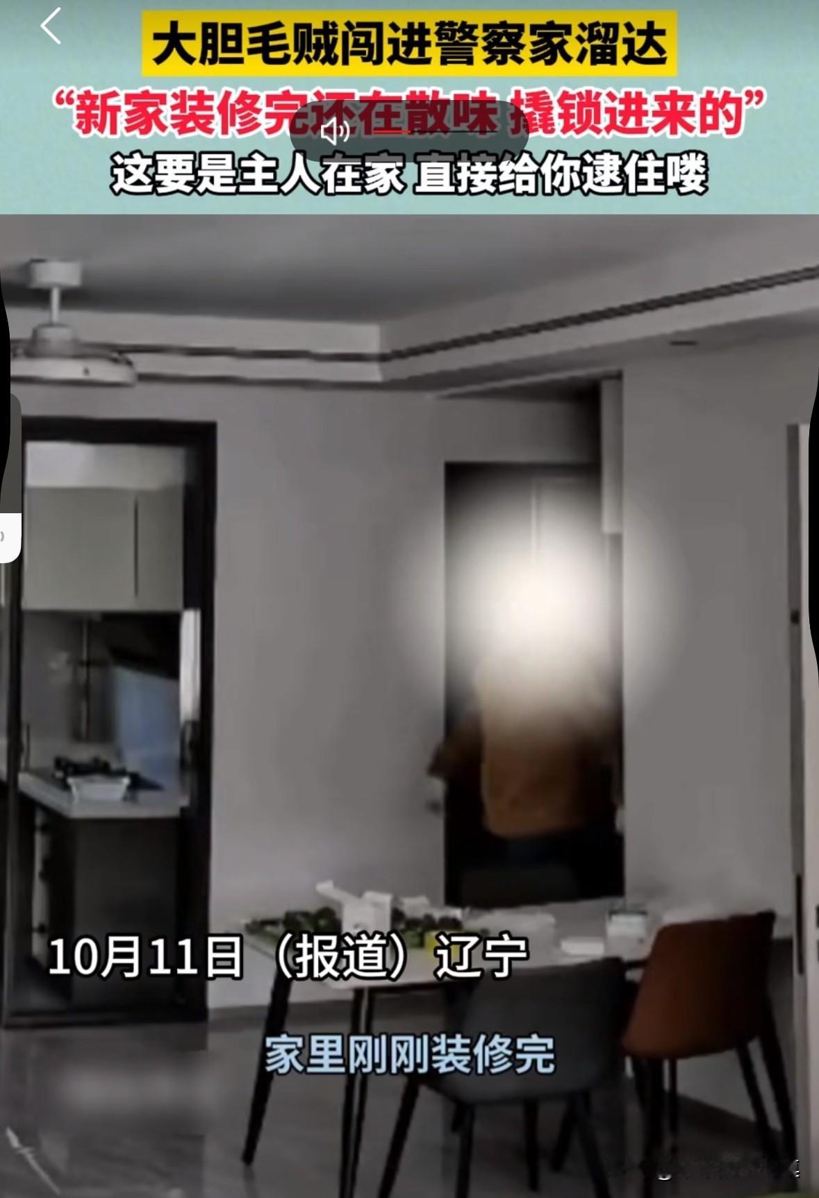 小毛贼撬开警察家的门偷东西。女主人说：“房子刚装修好，正在散味阶段，因为我老公是