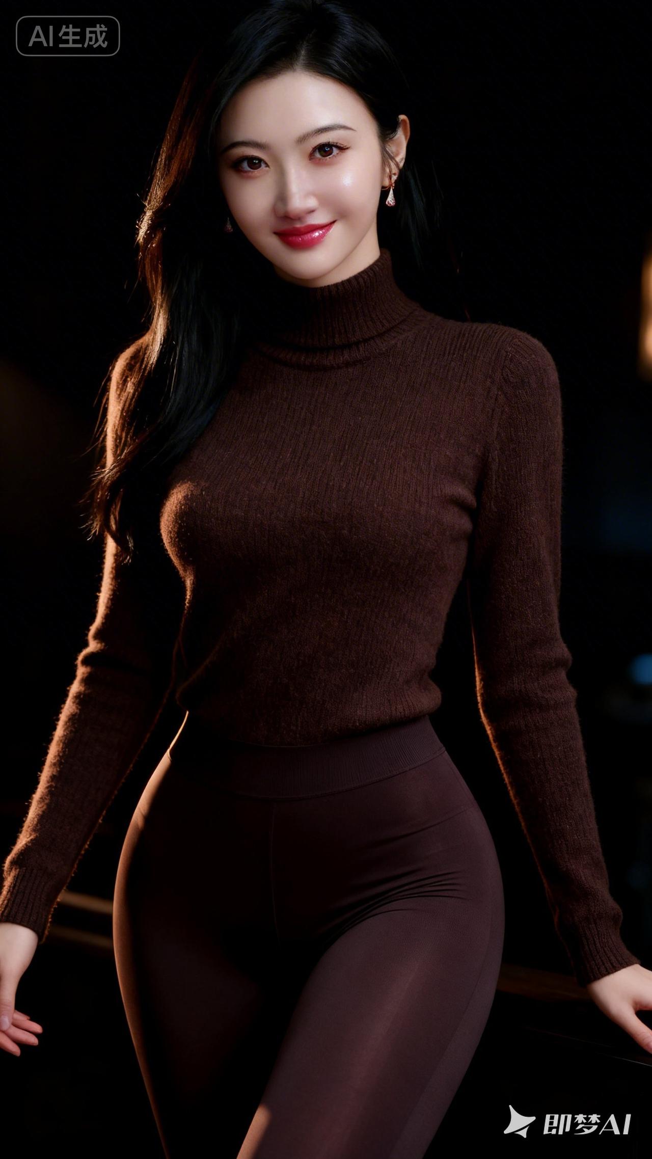 优雅气质，深棕色高领毛衣搭配紧身裤，尽显时尚魅力！💃🏻👗👠