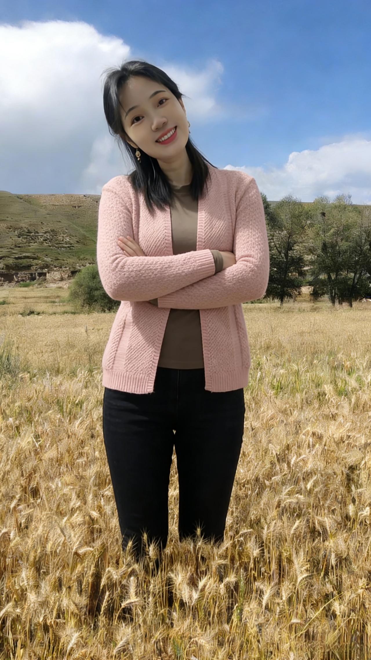 粉衫裁得晚风凉，抱臂闲观麦穗芒。莫道秋来无胜景，人间绝色在郊荒。