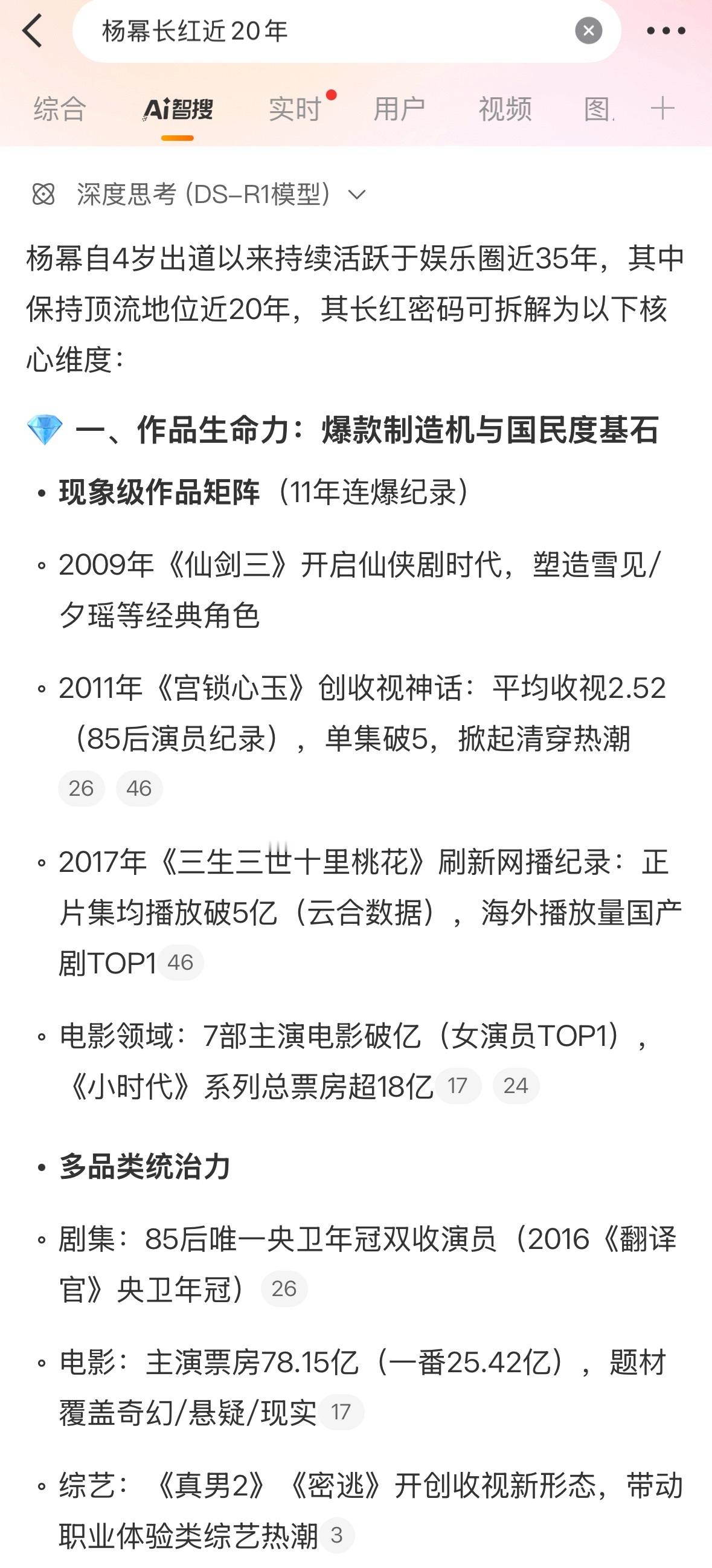 好家伙！这个微博智搜总结的有点东西！杨幂长红近20年拆解密码👇一、作品生命力