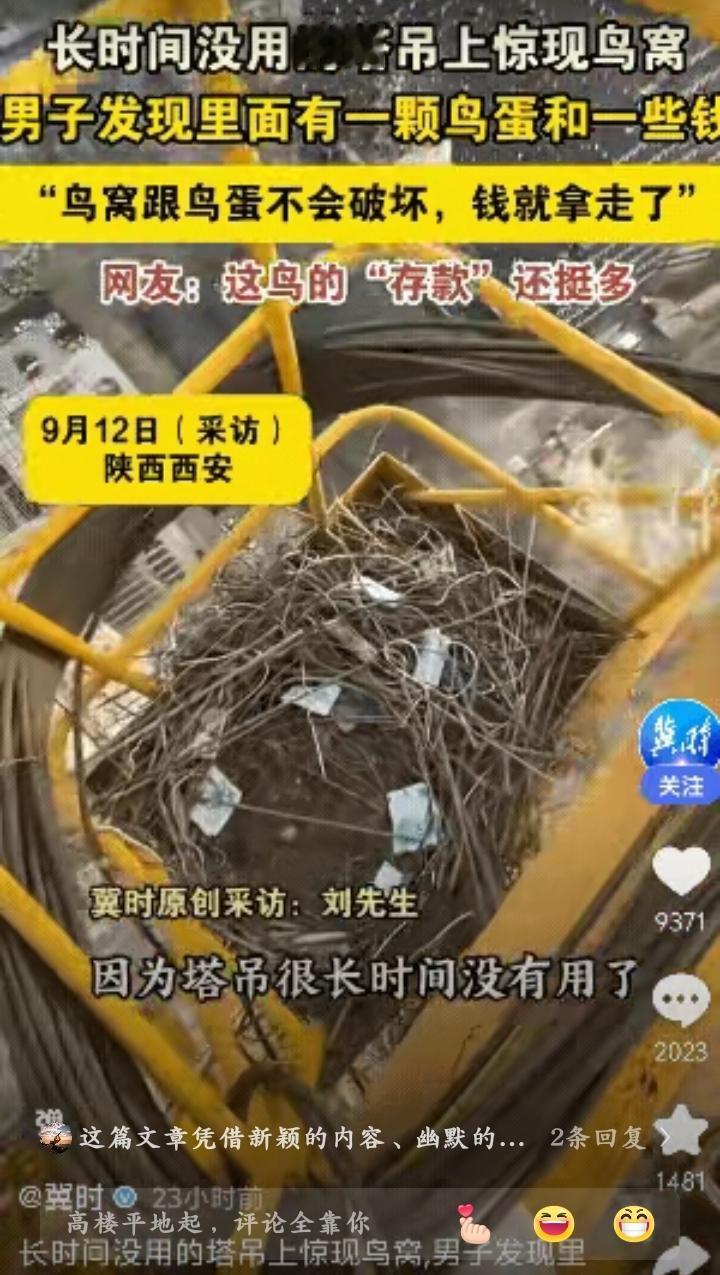 西安大哥复工遇“招财喜鹊”！塔吊窝藏钱，这缘分太上头了西安一位大哥的复工经