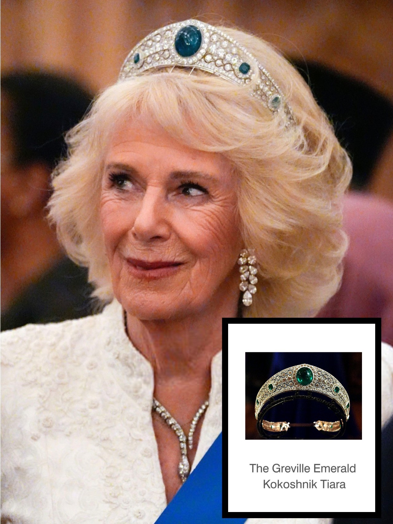 卡米拉王后解锁格雷维尔祖母绿王冠~昨晚于温莎城堡出席外交招待会期间，卡米拉王后正