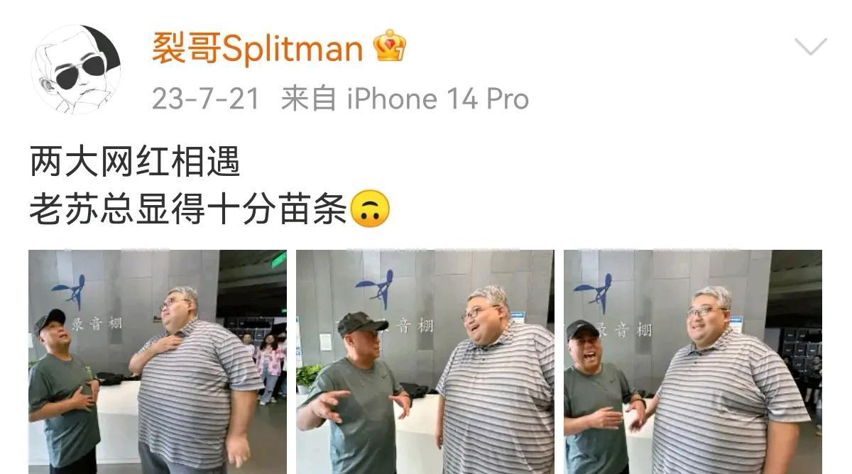 单看老苏总，觉得挺胖的，没想到龙哥比他还胖这么多…苏醒爸爸和经纪人在录音棚前台