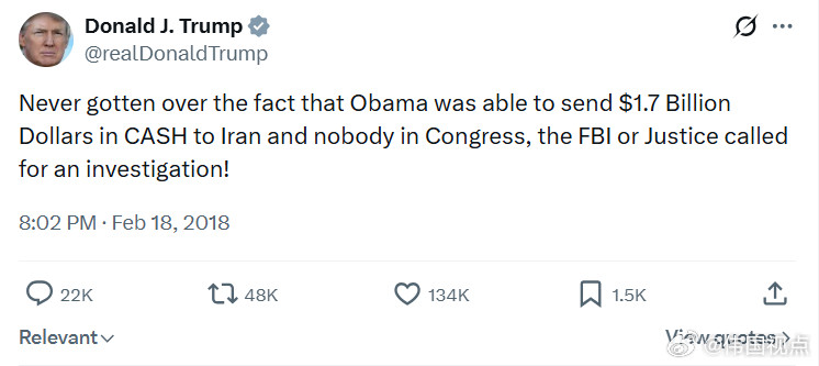 2018年2月，特朗普总统在推特上说：“我始终无法接受这样一个事实：奥巴马竟然能