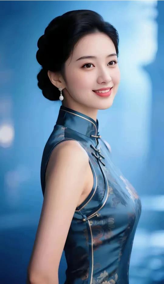 嫣然一笑百媚生，旗袍雅韵沾风情。东方旗袍，国风古韵。贴身裁剪，凸显风情。