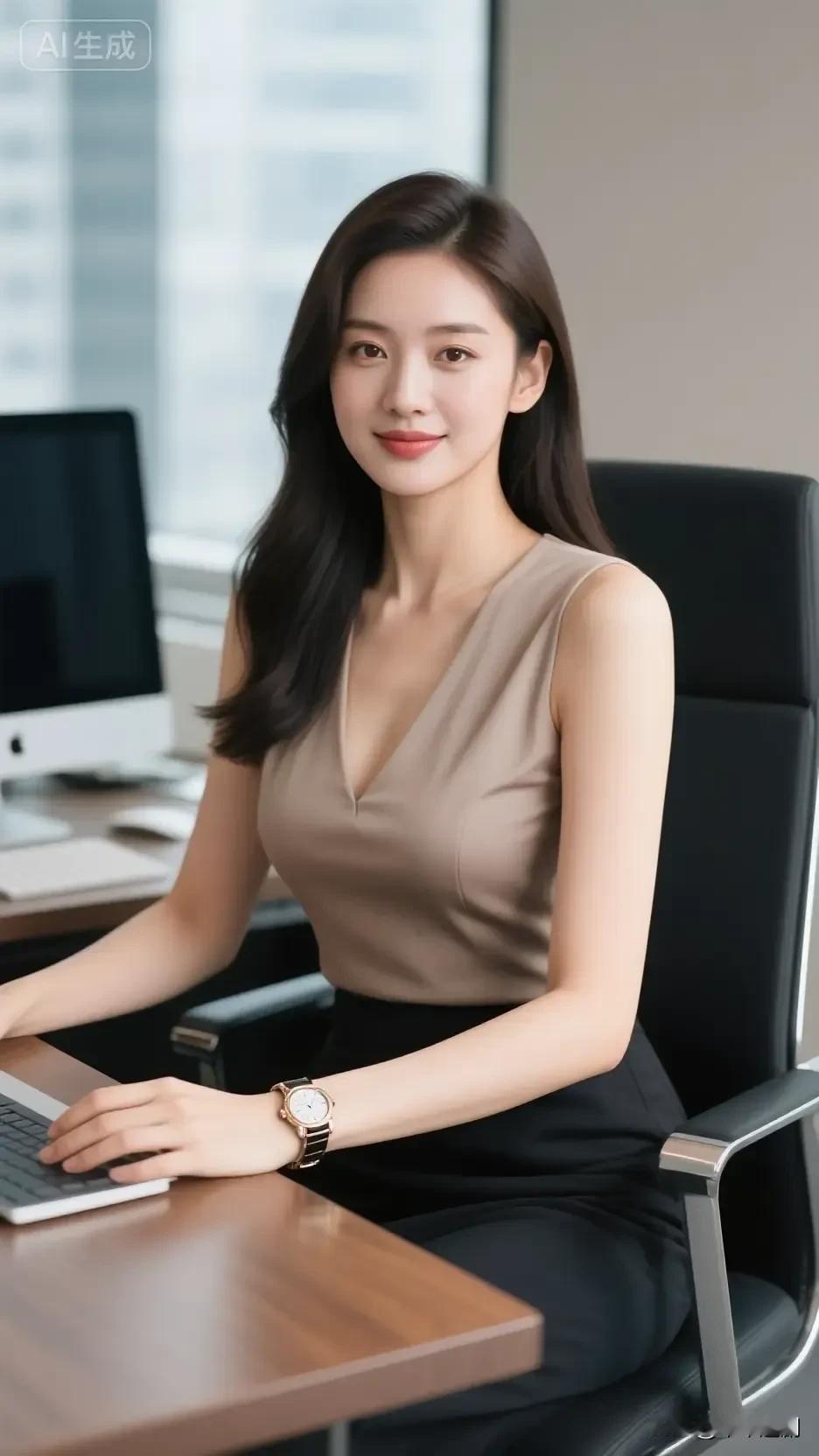 职场穿搭怎样更显女人味?浅棕无袖衫衬着干练气质，腕表在办公桌面漾着精致光泽，浅