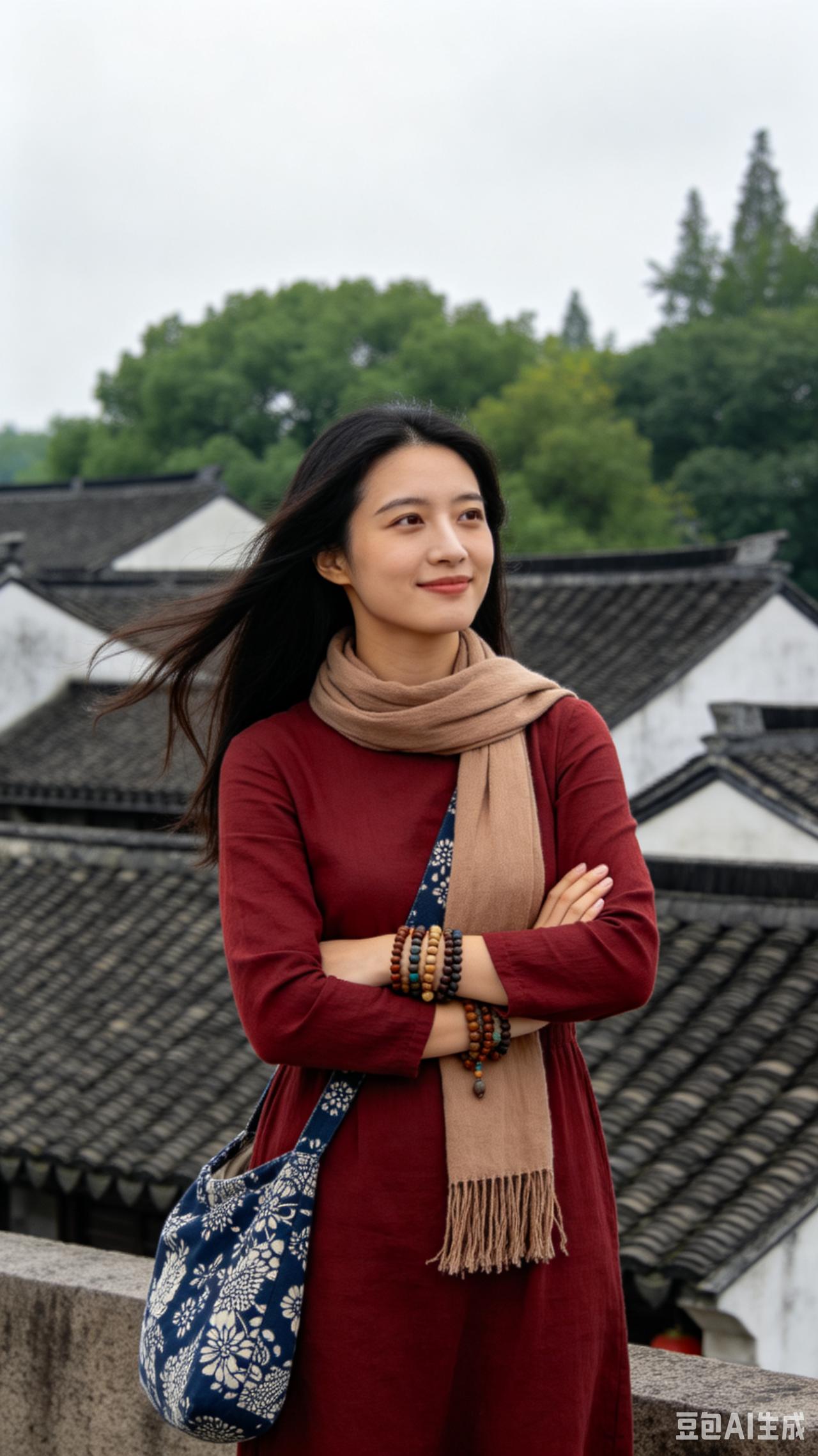 江南闲望烟霭笼罩着江南的黛瓦，遥遥在望，身着红裙的女子闲立于古老的溪桥之上。