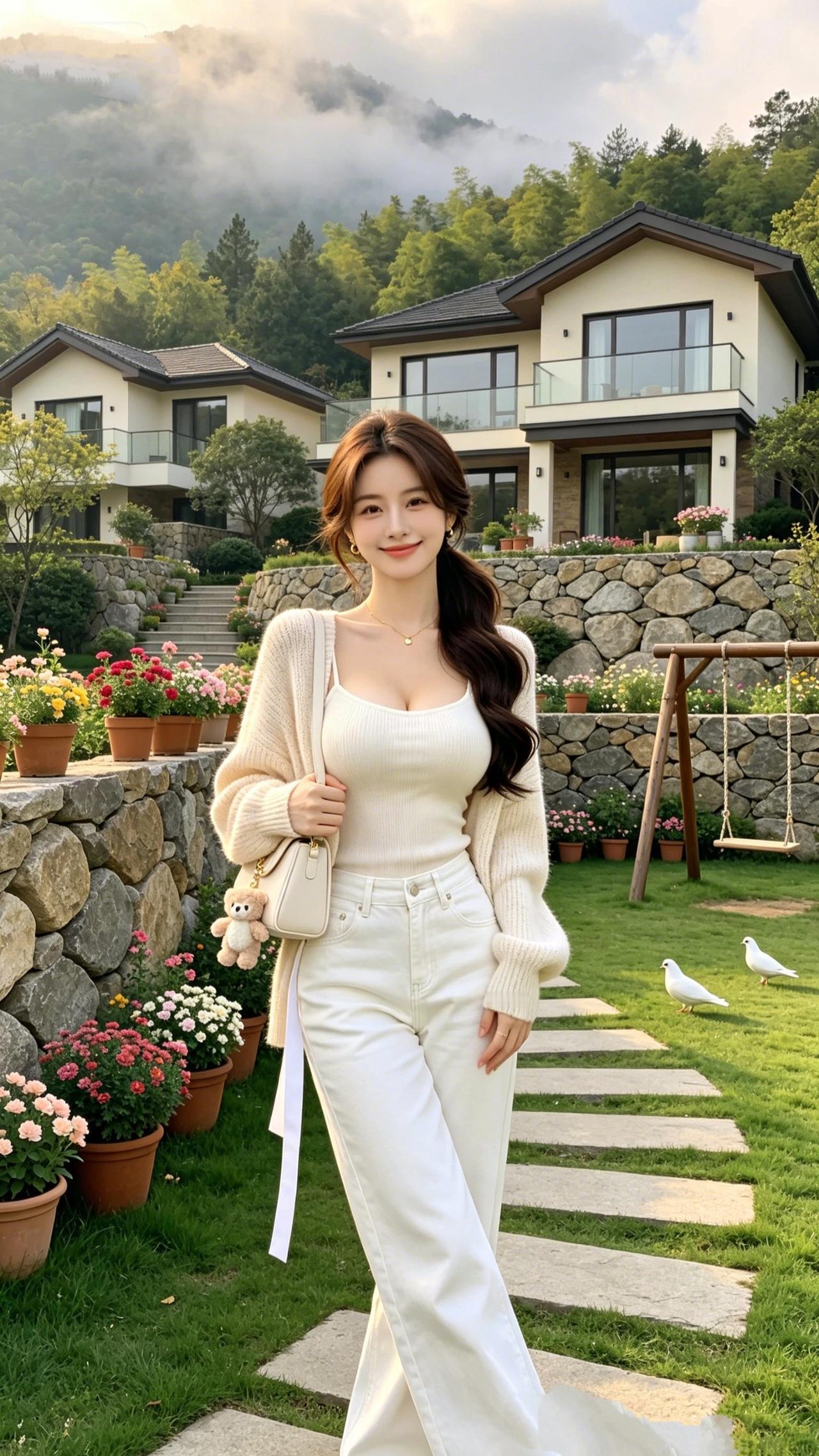《山居晴晓》青山浮雾绕村居，满院繁花映翠除。素袂轻扬含暖意，笑眸温婉自舒