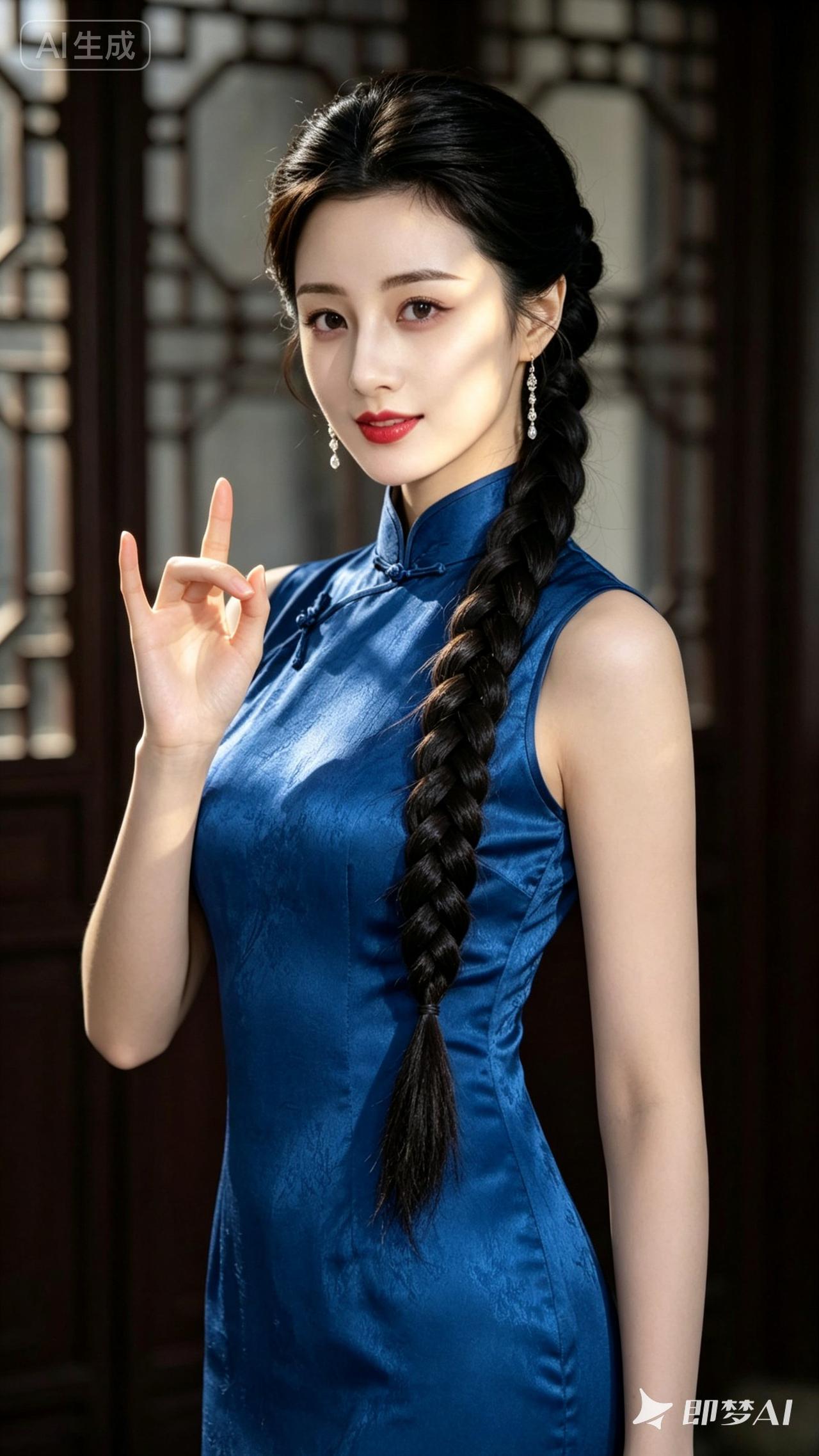 优雅蓝裙少女，复古旗袍风情，指尖轻触，韵味十足。