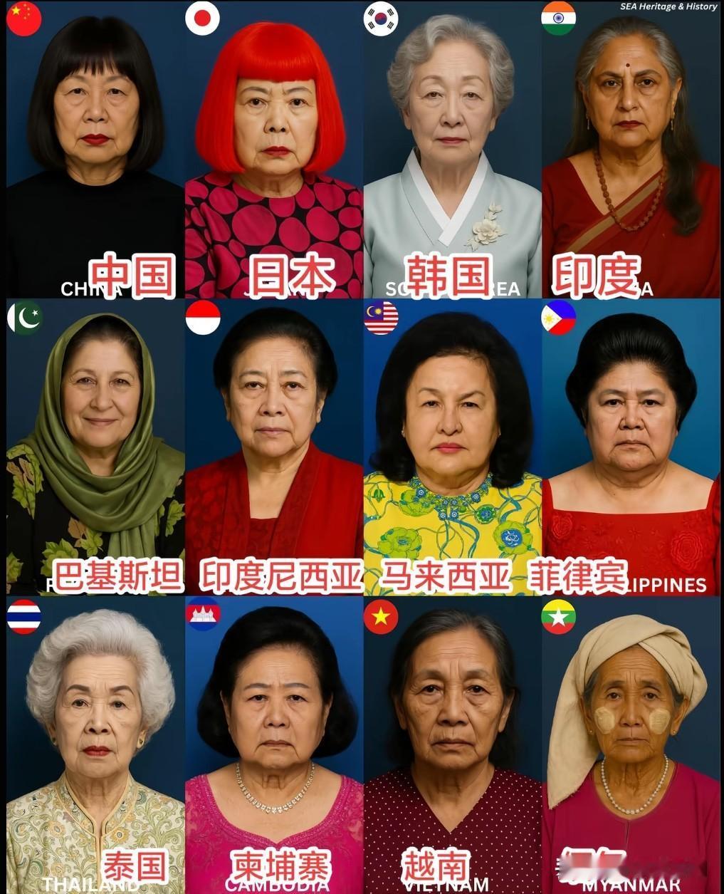 亚洲老年女性外貌，友友们能认出来几个。