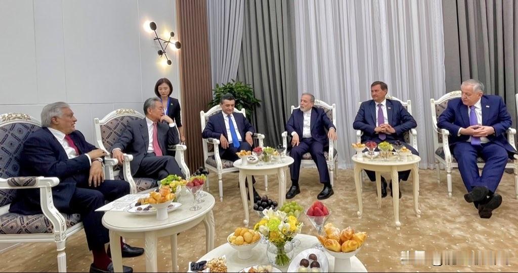 老伙计，聊聊天。在上合成员国外长理事会会议间歇期间，中国、巴基斯坦、乌兹别克斯坦