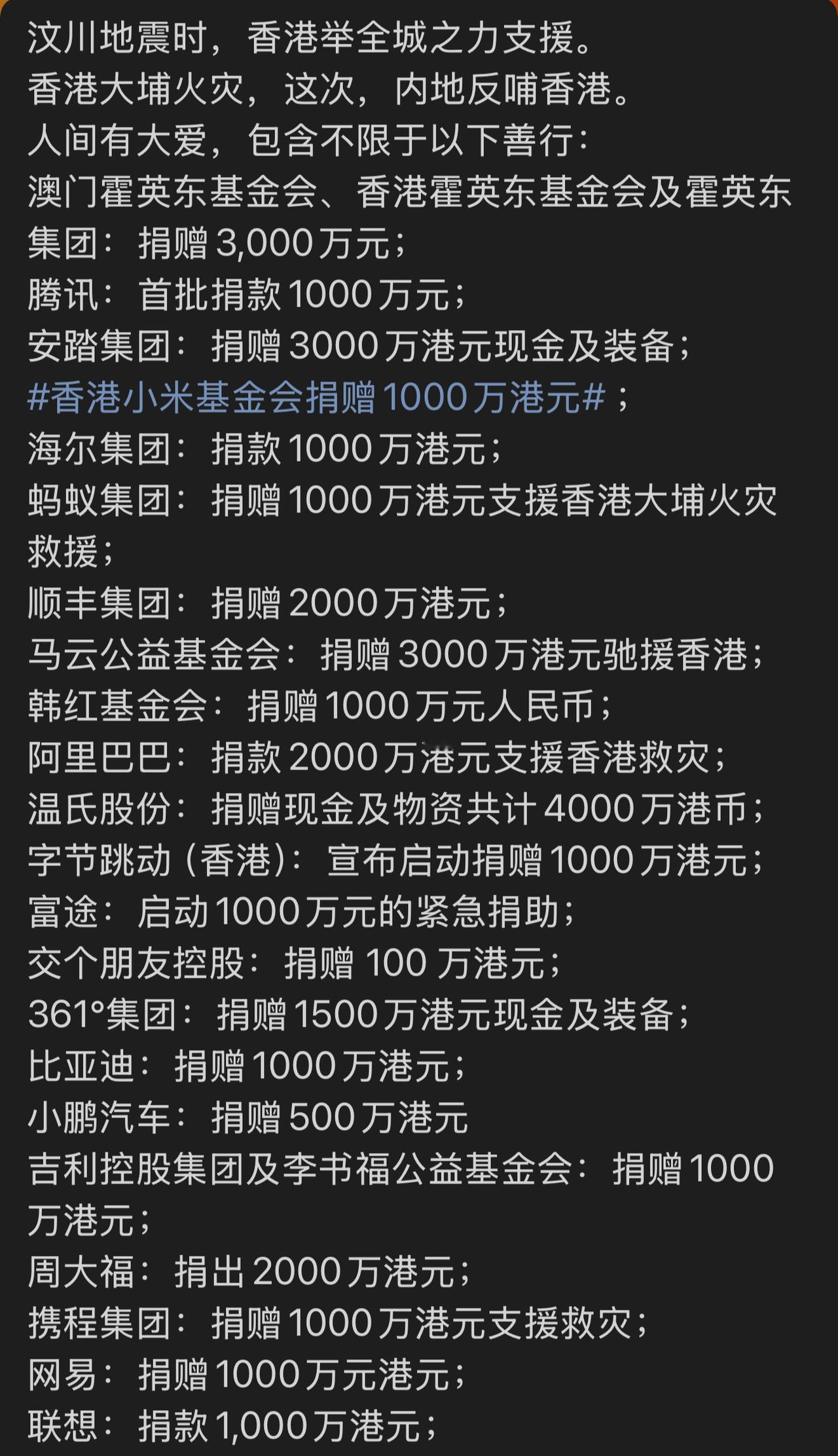 香港火灾企业最新捐款名单来了！香港火灾爱心企业纷纷捐款，最新捐款名单来了，祖国