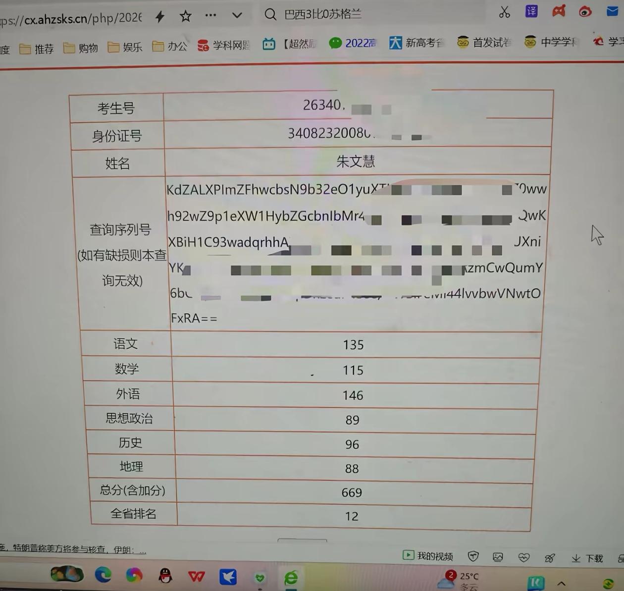 安徽历史类669分，全省第12名，北大稳了！语文135分，如果不是数学弱了一点，