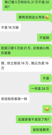 一开始说好参照表哥标准16万，转头家里临时改主意。订婚5万加上彩礼21万，再算