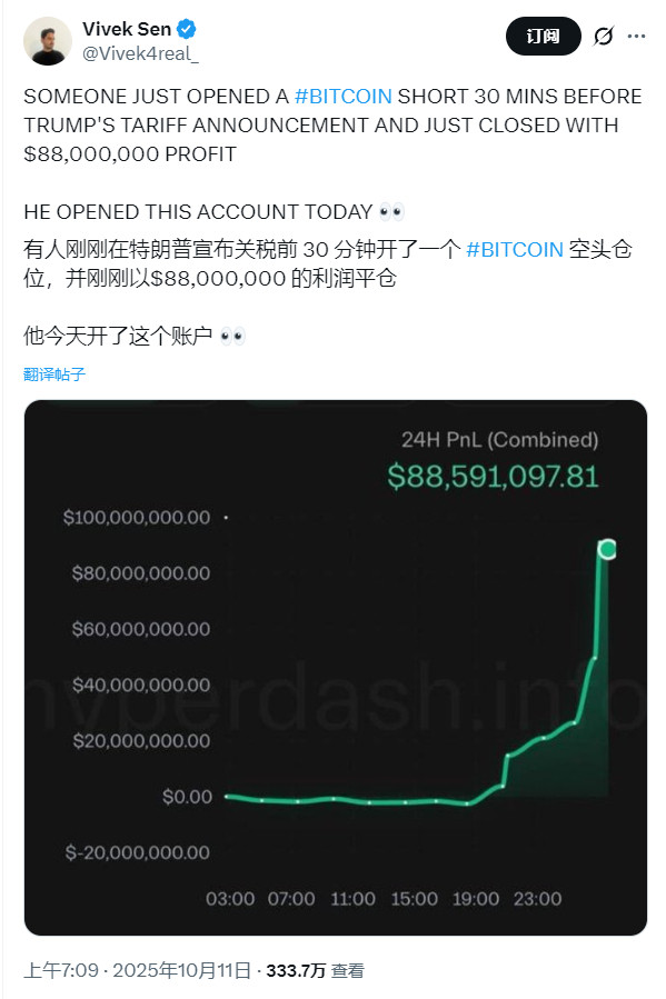 🔻有外国网友发现，有账户在特朗普宣布关税前30分钟开了一个虚拟货币的空头仓