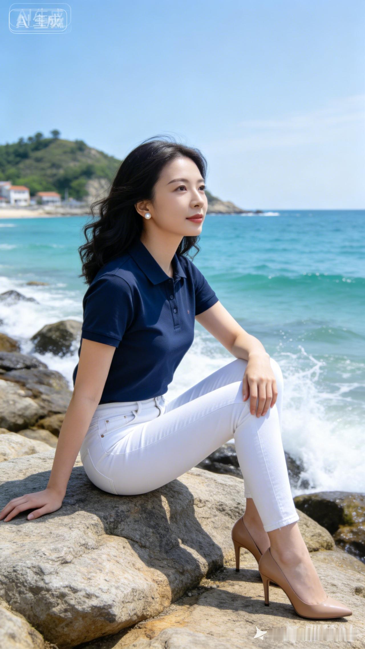 海边休闲时光，蓝色衬衫与白色裤子搭配，优雅动人！🌊👗👠