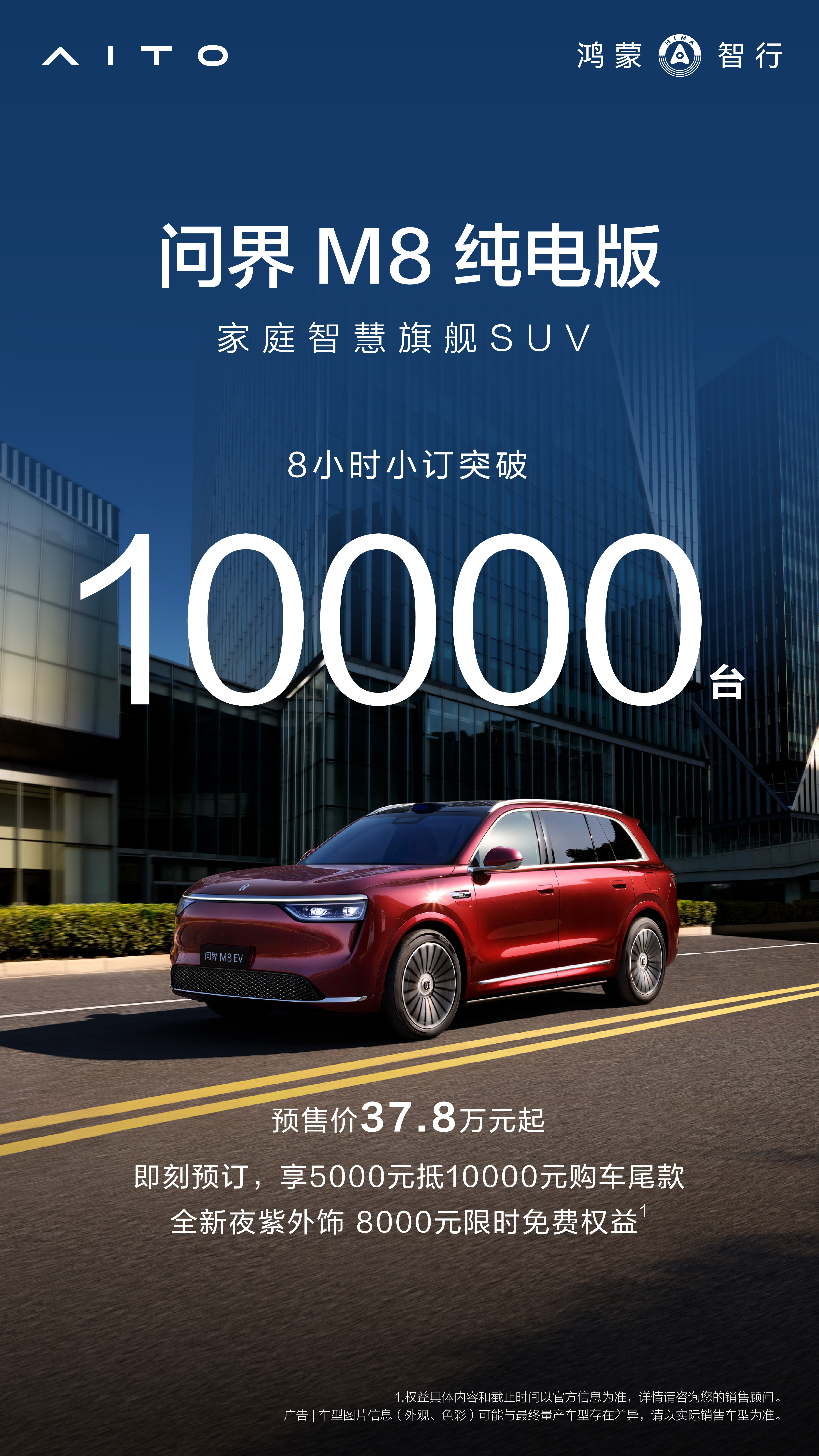 7月25日，问界M8纯电版开启预订，8小时突破10000台！问界M8纯电版预售3