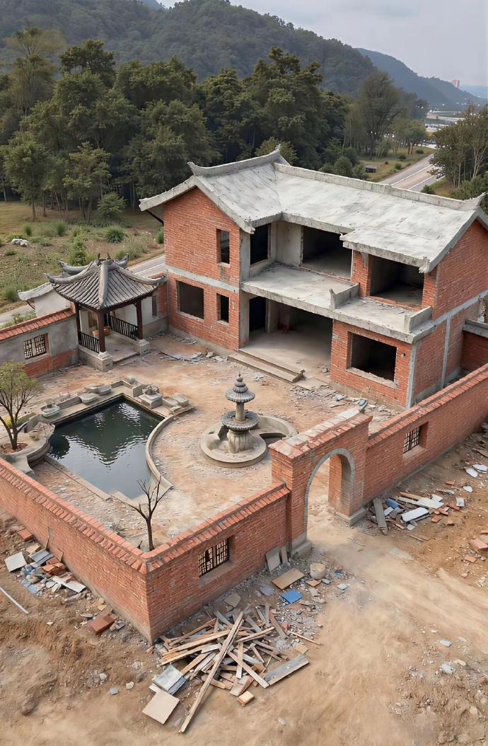 我们村的一哥们出外地打工6年，今年回来就盖的房子，太气派了，全村人都羡慕，院子里