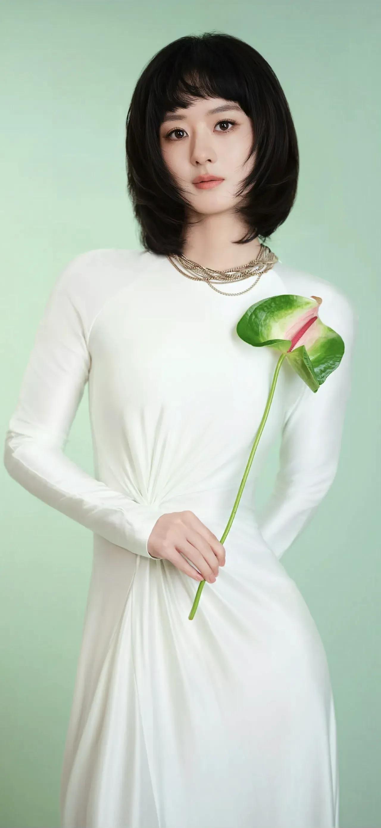 薄荷绿的底色里，白裙漾开温柔的涟漪。利落短发衬出灵动眉眼，金链点缀出飒爽气场，