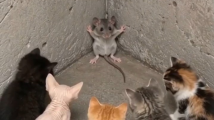 小老鼠被一群奶猫围攻