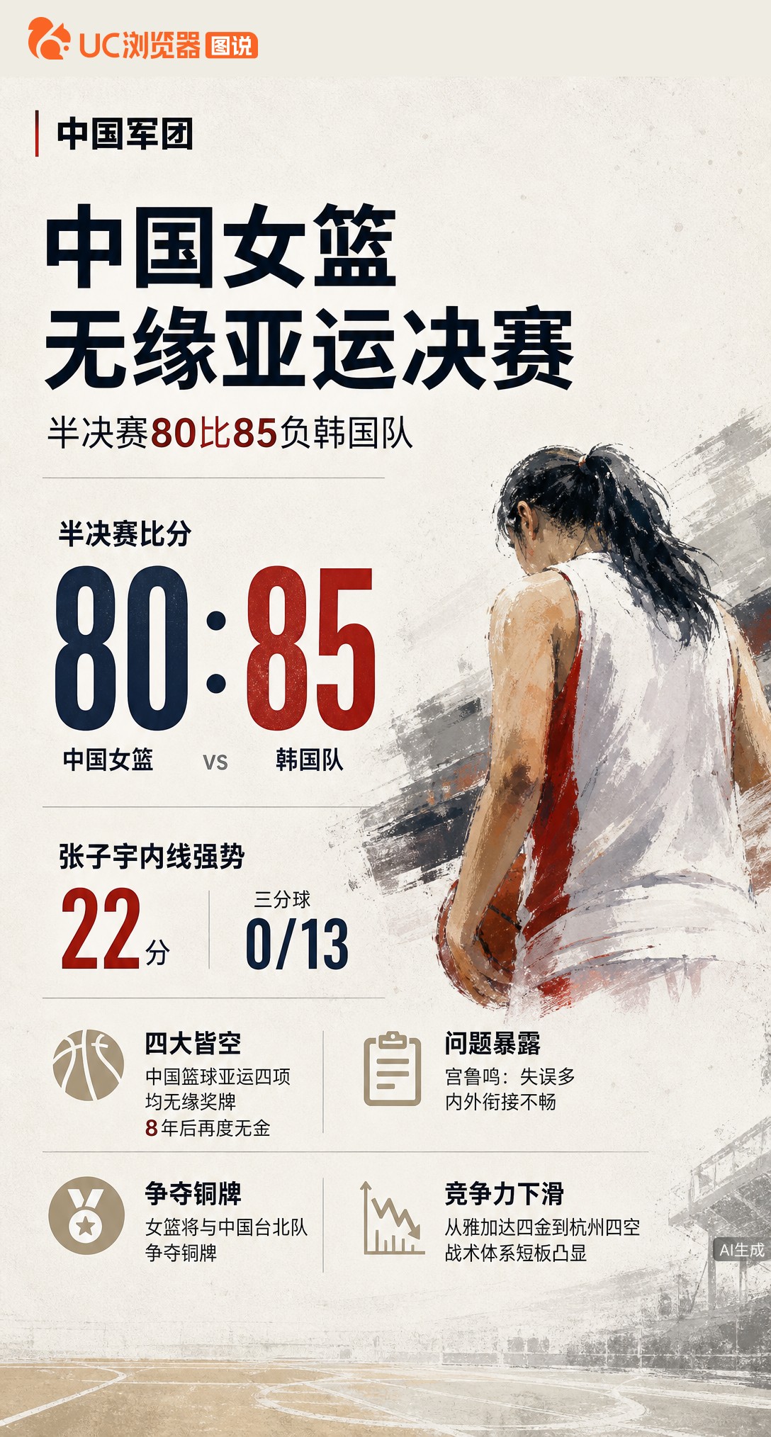 女篮半决赛80-85负韩国，张子宇砍22分难救主，全队三分13中0。男篮此前已出局，中国篮球本届亚运