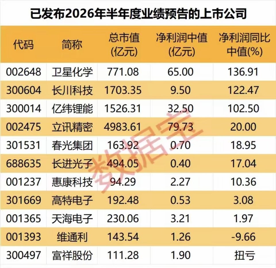 已发布2026年半年度业绩预告的上市公司！
