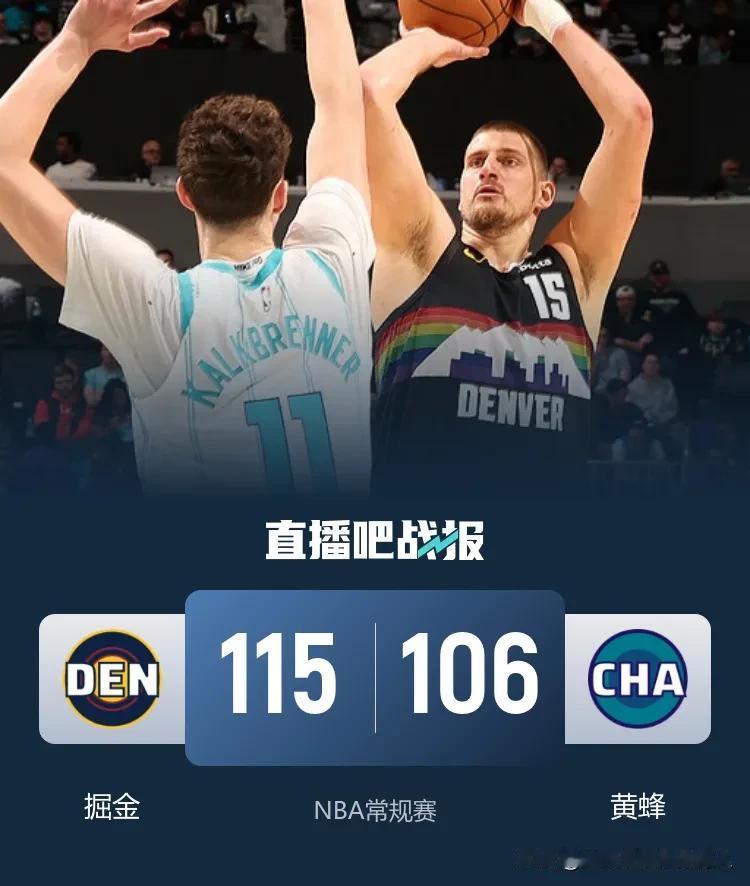 约基奇砍28+9+11准三双数据，掘金客场115:106击败黄蜂迎来三连胜，掘金