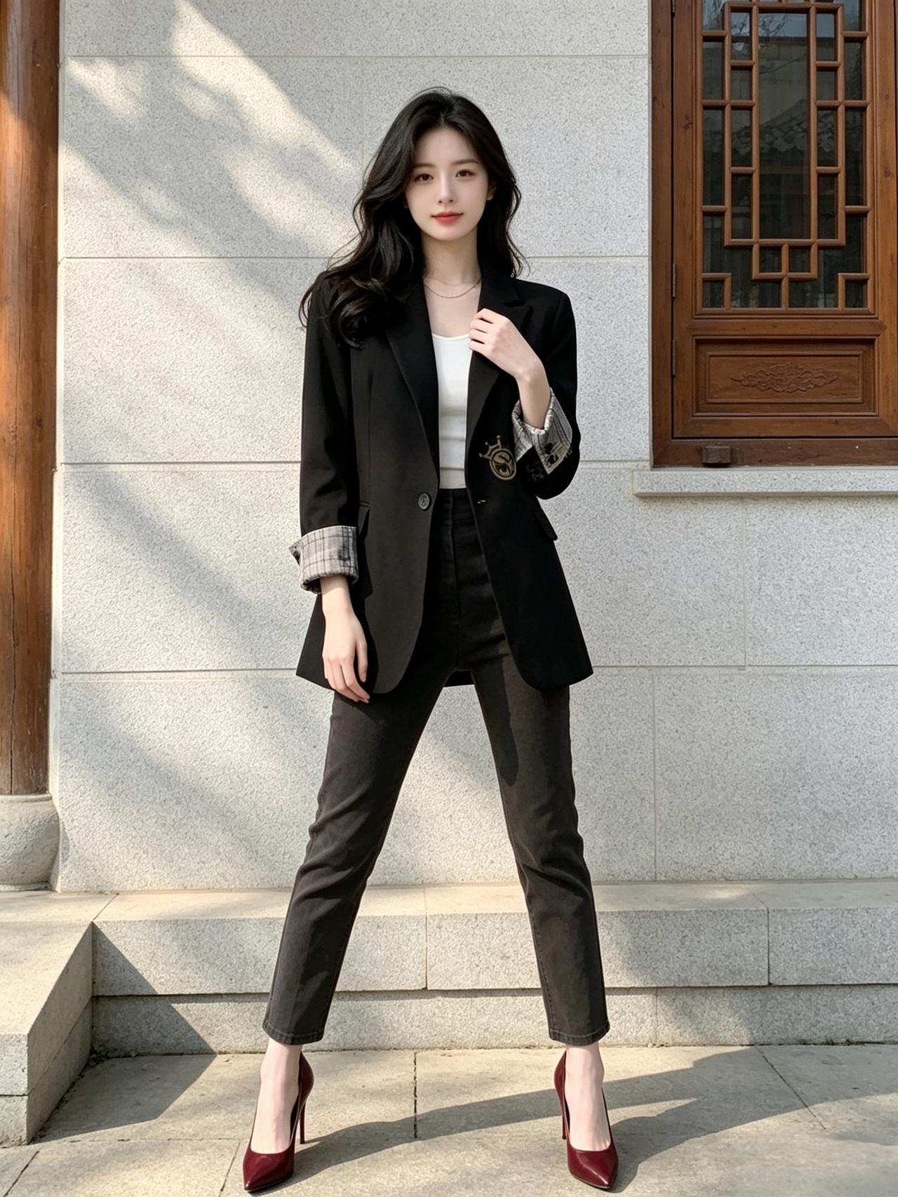 女人如何穿出含蓄的性感?黑色西装太显瘦，复古格纹袖口超吸睛，红高跟鞋点亮全身，