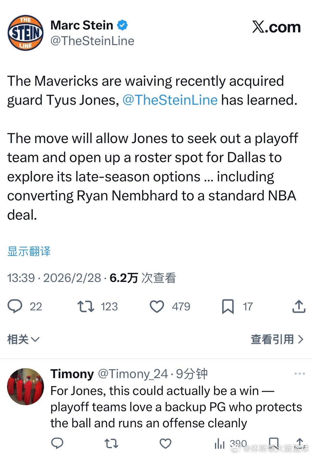 据《TheSteinLine》记者马克·斯坦恩报道，独行侠将裁掉不久前刚交易