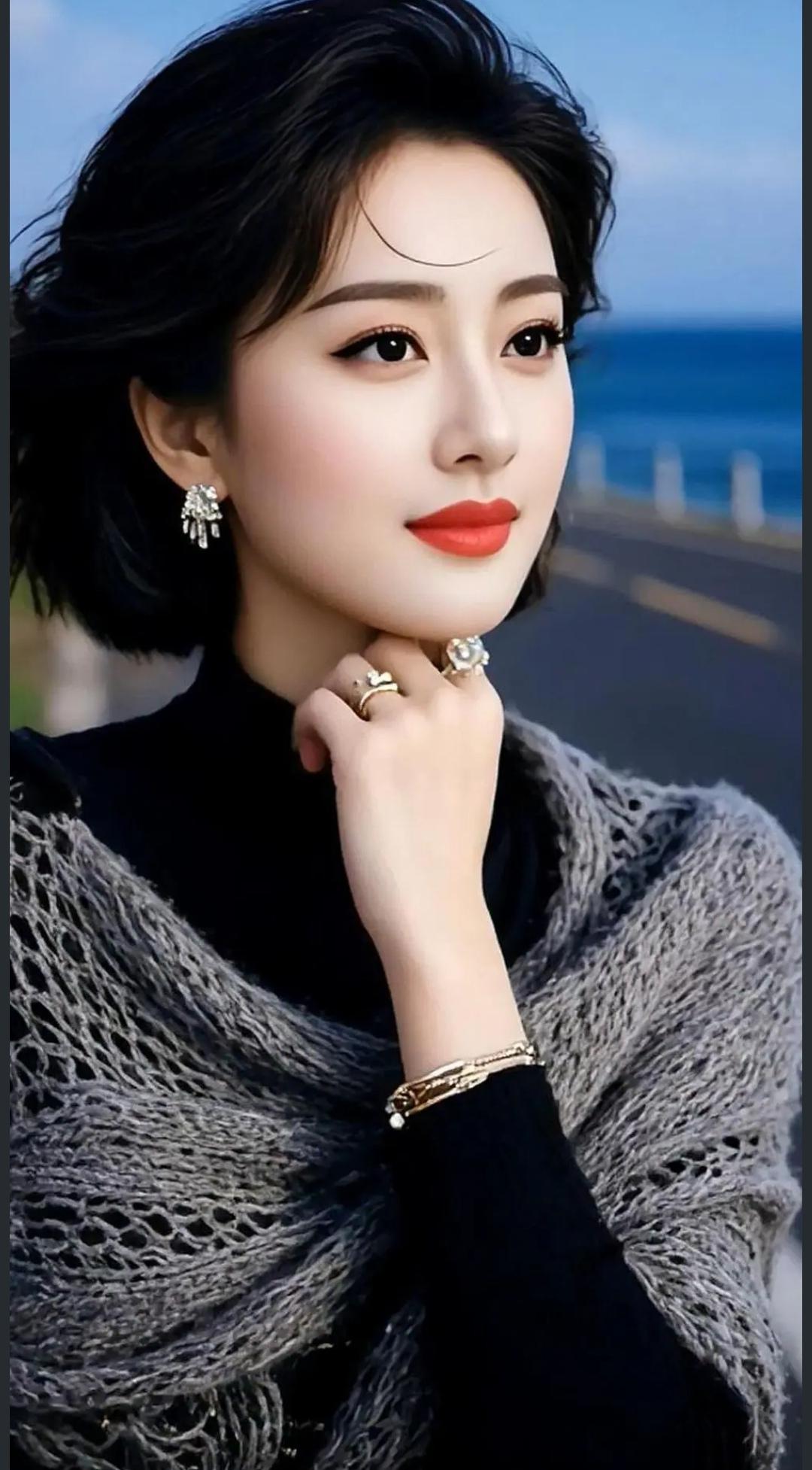 海边漫步的优雅女孩，红唇与海风相映成趣。高雅气质美女美女人像群