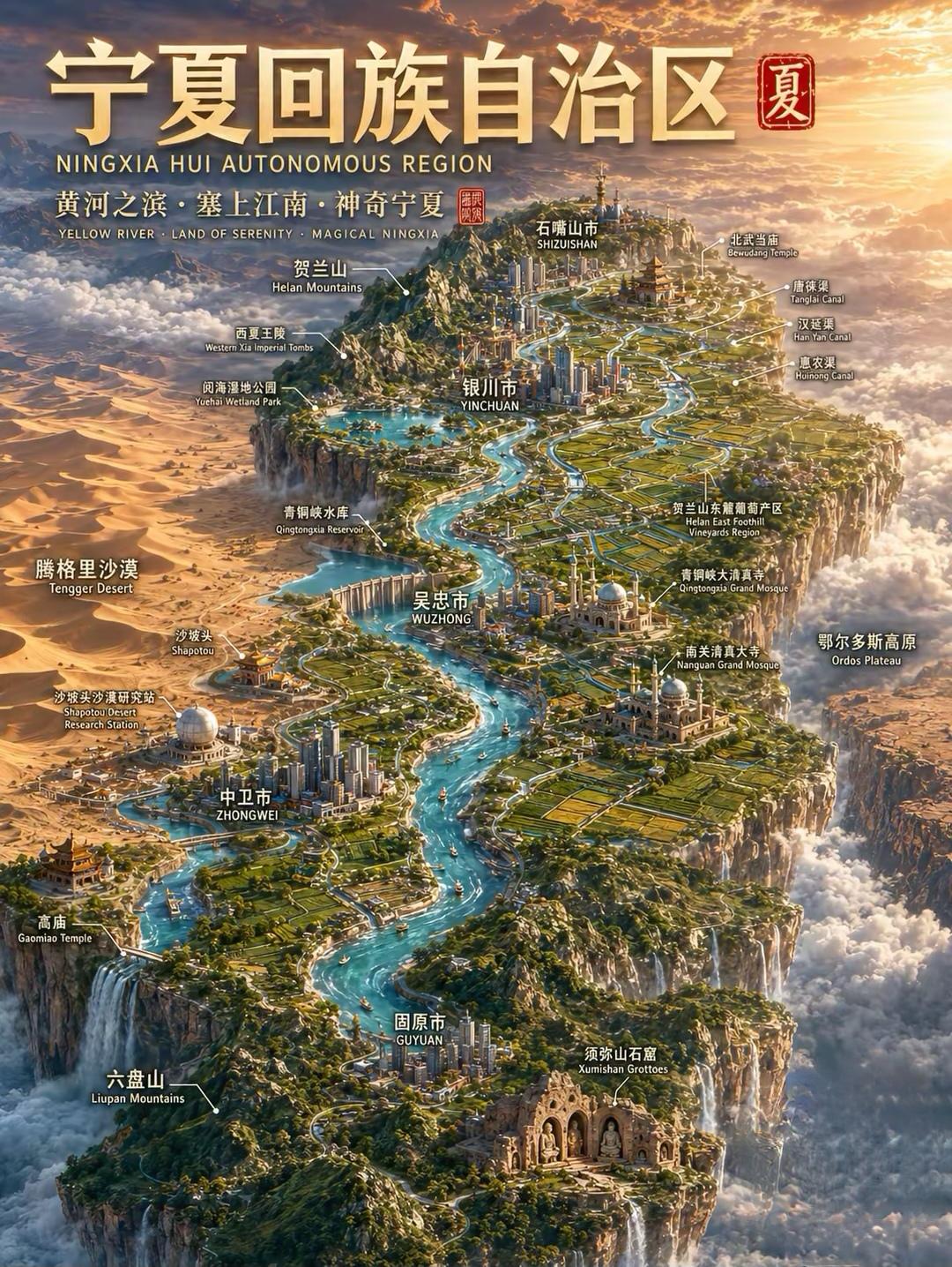 宁夏的地形真的是被老天爷偏爱的“微缩盆景”，南北跨度才456公里，能把大西北的地