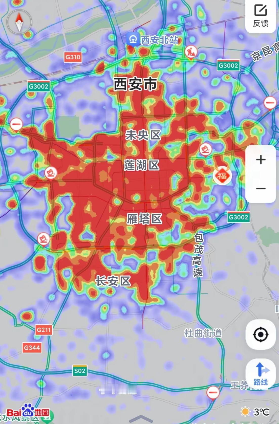 国庆西安有多火爆，看热力图就懂了！整片主城区一大片深红色，从未央、莲