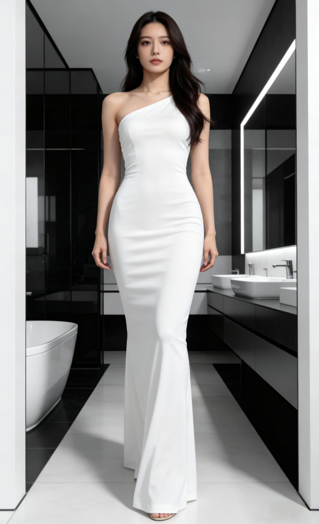 这是我喜欢的长裙，你的呢？单肩白色修身长裙，斜裁的冷漠气质，行走间尽显温柔优雅