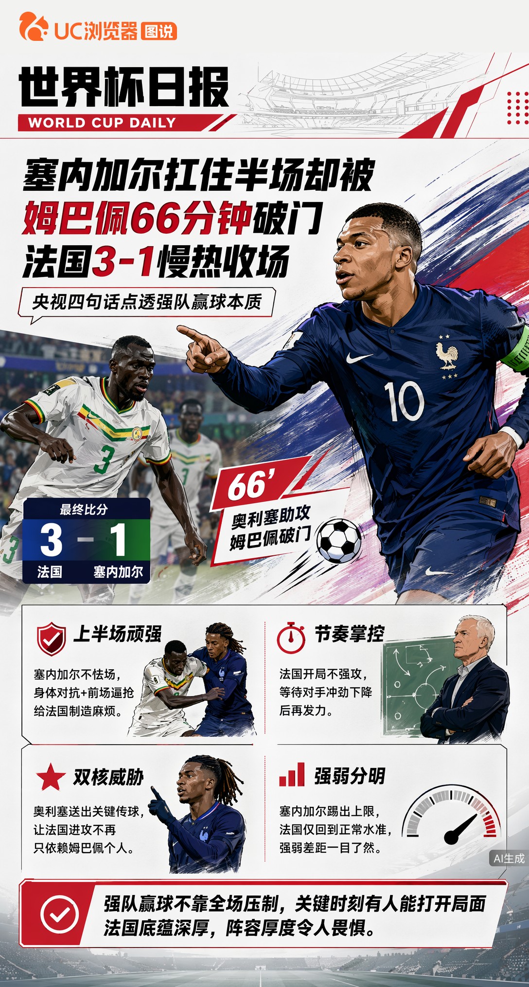 塞内加尔扛住半场却被姆巴佩66分钟破门，法国3-1慢热收场