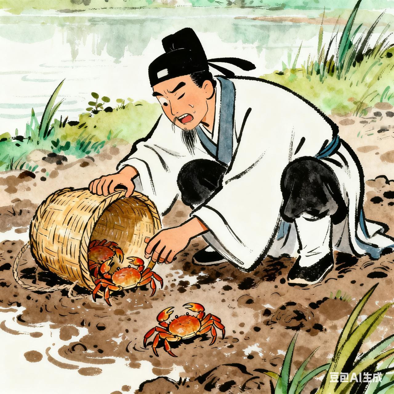古代笑话有个秀才买了只螃蟹，回家路上螃蟹从竹篓里爬出来，掉在泥地里。秀才心疼