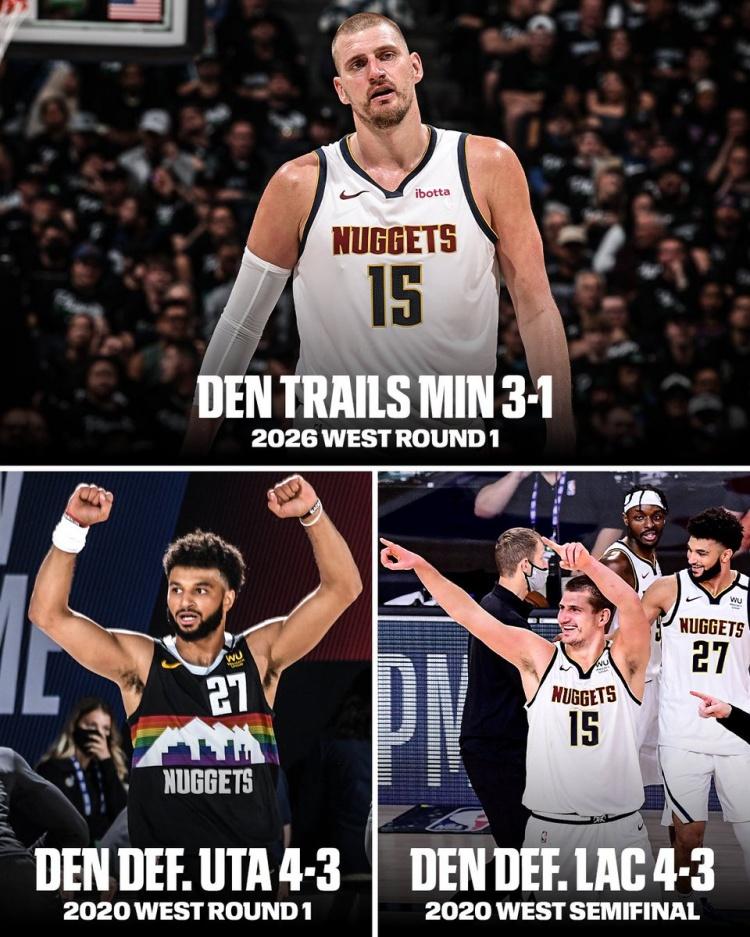 NBA近两次1-3落后逆转：2020年，掘金首轮1-3落后逆转爵士2020年