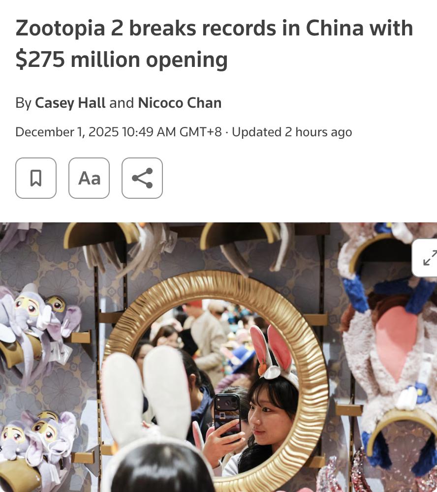 外媒：迪士尼电影《疯狂动物城2》在中国的票房表现极为出色，上映六天内票房达到19