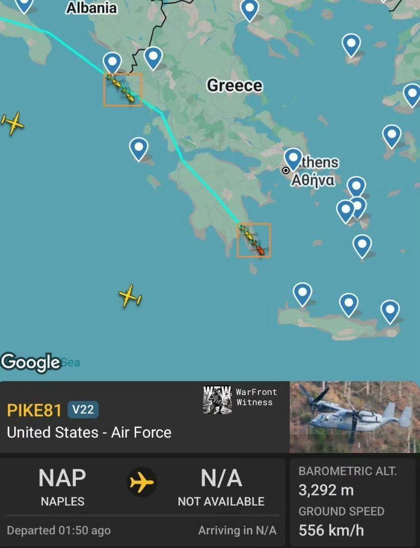 今天下午，四架美国空军CV-22B鱼鹰倾转旋翼机（呼号PIKE81至84）从那不