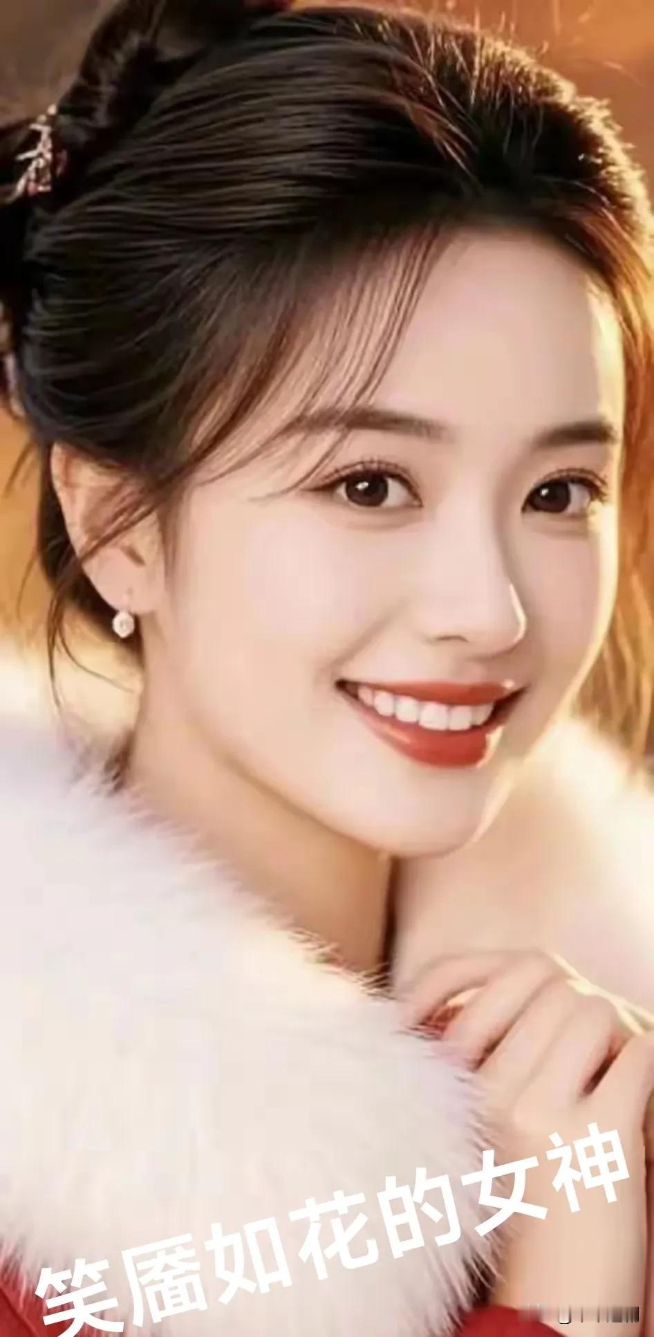 暖光里，毛绒披肩衬得温婉，发髻精致，笑靥如花，她把古典的柔美与明媚的笑意揉成一束
