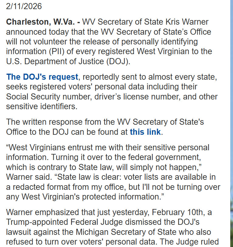就连共和党占优势的州也告诉特朗普政府，他们不会交出选民登记名单。最新一个表示反对